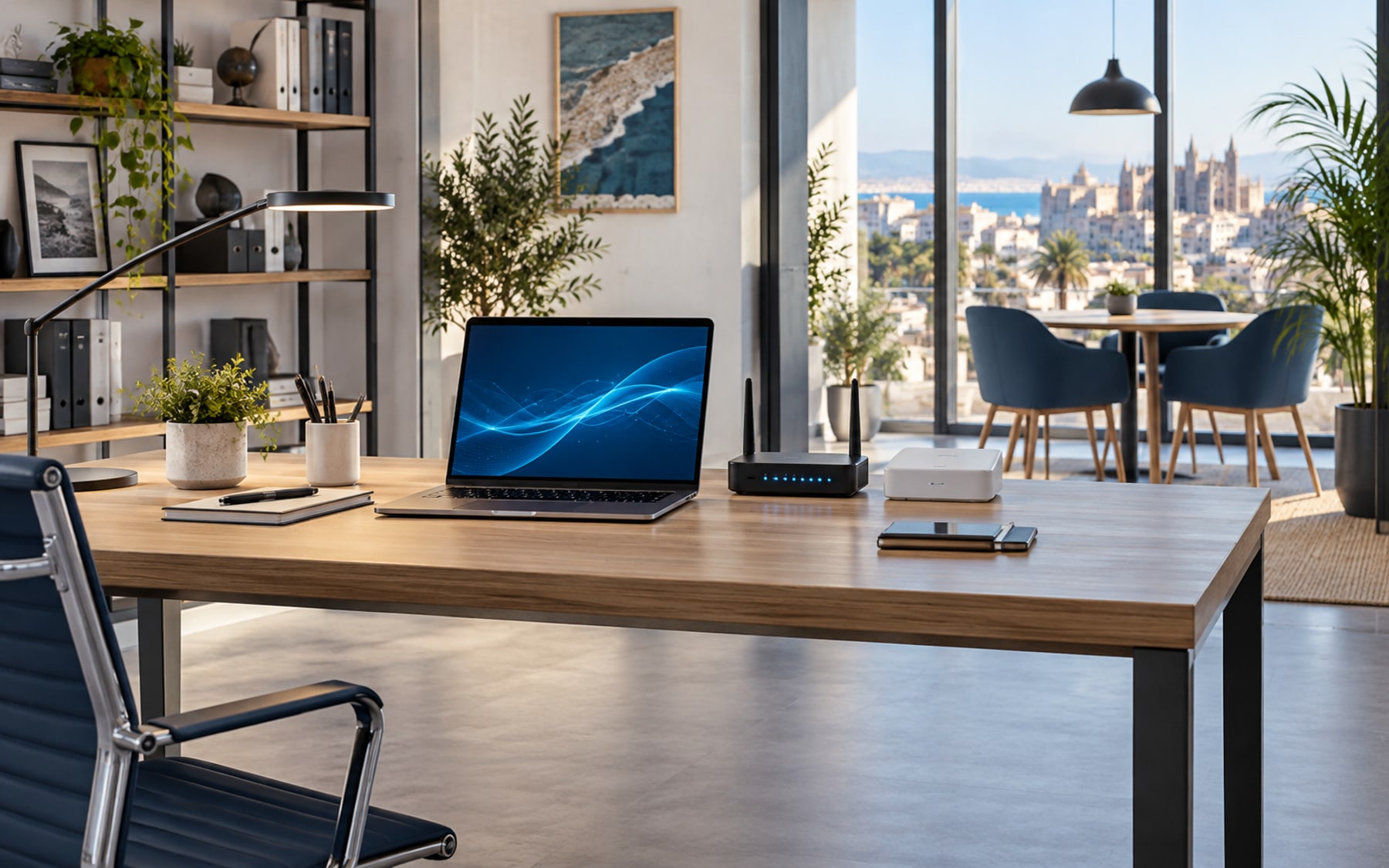 Espacio de trabajo moderno con portátil, router y equipos de red