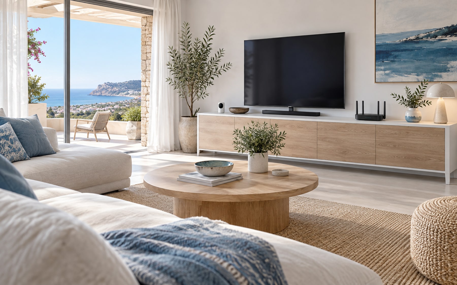 Salón mediterráneo luminoso con router WiFi y televisión conectada